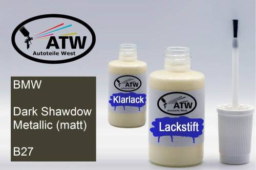 BMW, Dark Shawdow Metallic (matt), B27: 20ml Lackstift + 20ml Klarlack - Set, von ATW Autoteile West.